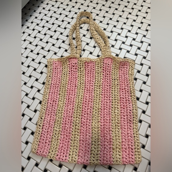 Handbags - Pink and Tan Woven Tote Bag